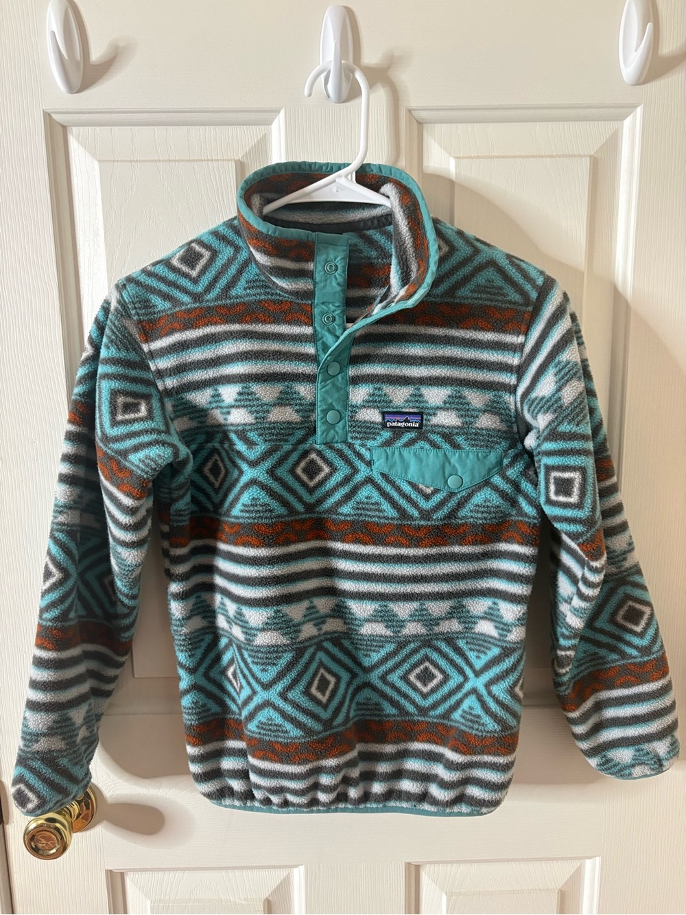 Patagonia Teal and Brown Geometric Fleece Snap Pullover